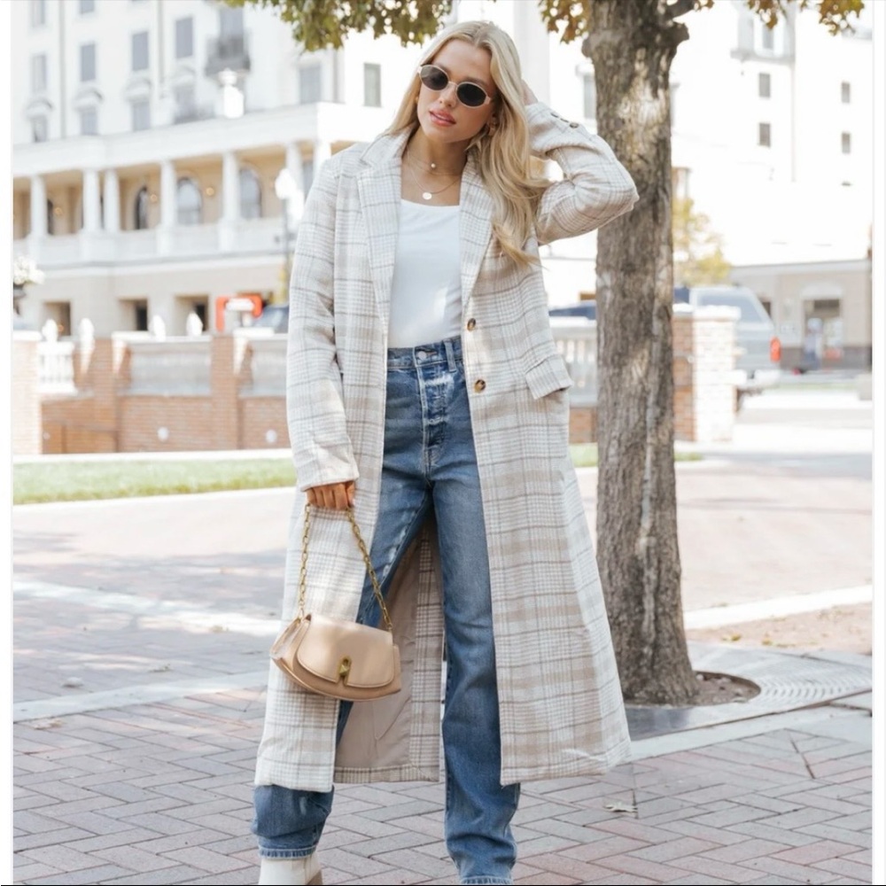 Pink Lily Plaid Long Coat - Cream and Gray